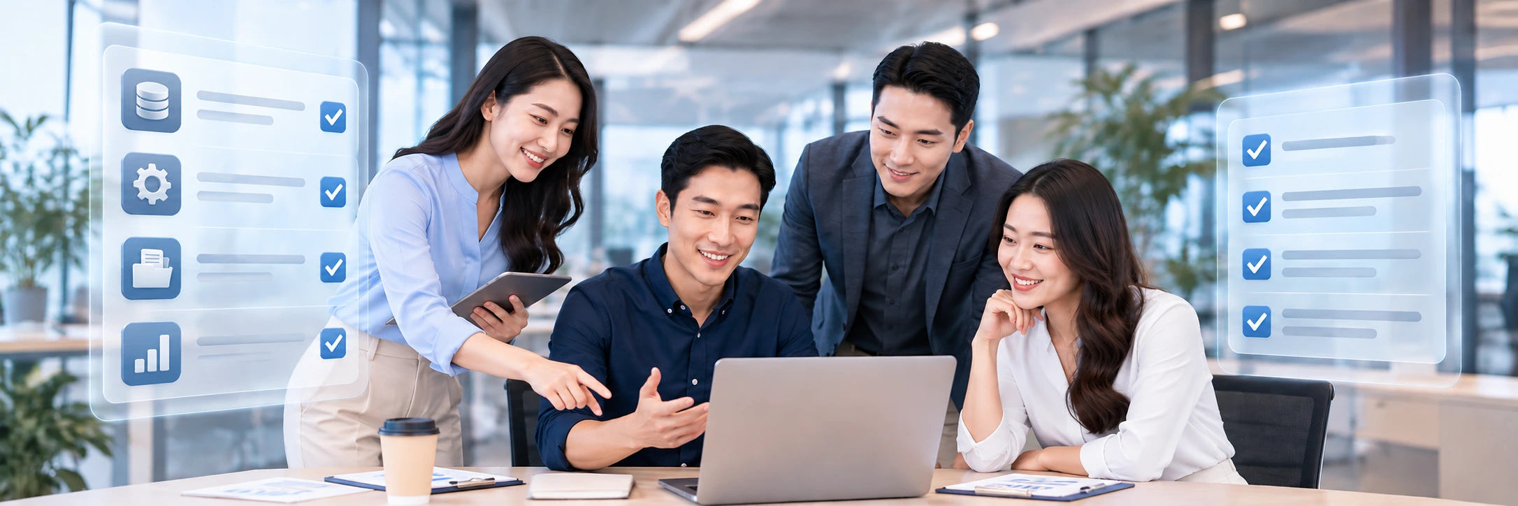 Business team collaborating with laptops and digital workflow panels