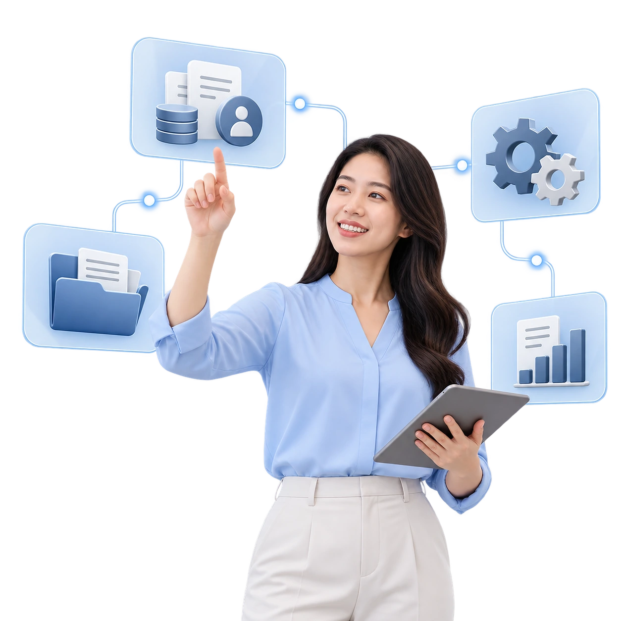Business professional presenting connected HR and reporting workflows