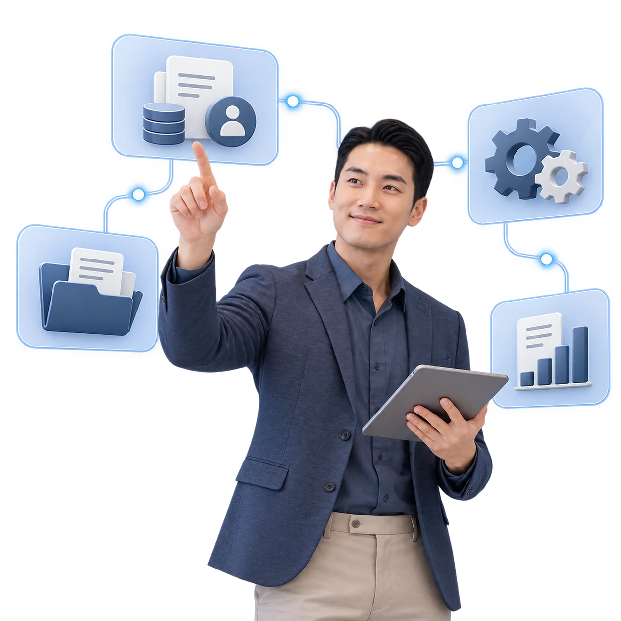 Business professional using a tablet with interactive workflow panels